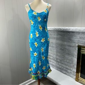 Jams World Plumeria Blue Tropical Floral Hawaiian Ruffle Trim Midi Dress S